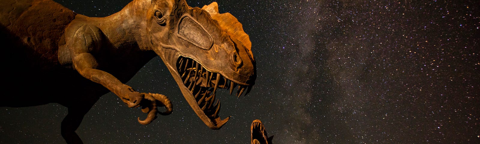 Mother and baby, or big and little dinasaurs under starry night time sky