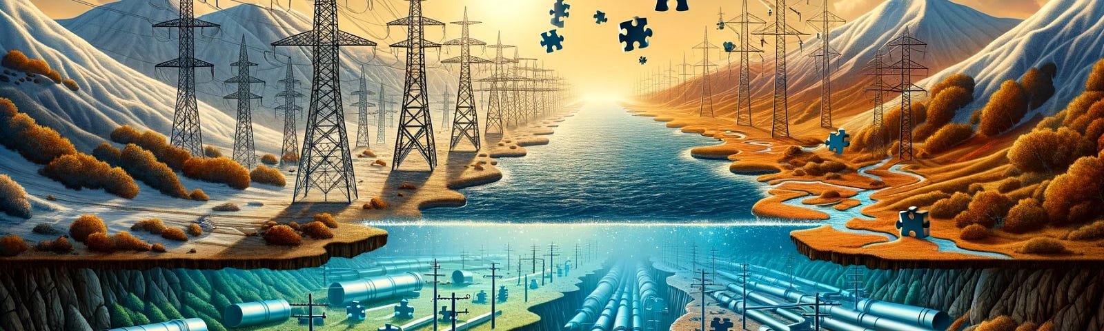 ChatGPT & DALL-E generated panoramic image illustrating the efficiency puzzle between HVDC transmission and hydrogen pipelines.