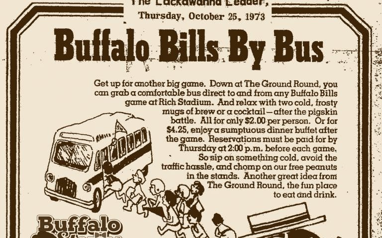 1973 flyer advertising Buffalo Bills by Bus from the Ground Round restaurant.