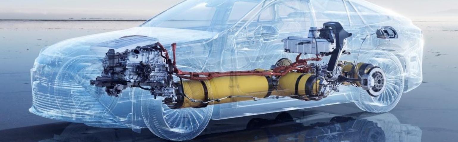 Toyota Mirai schematic view with hydrogen tanks and fuel cells