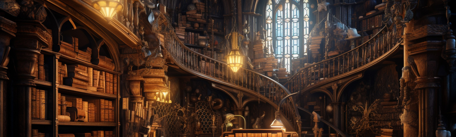 overflowing library with curving staircases, soft yellow light, and a floor-to-ceiling multi-colored stained glass window in the background