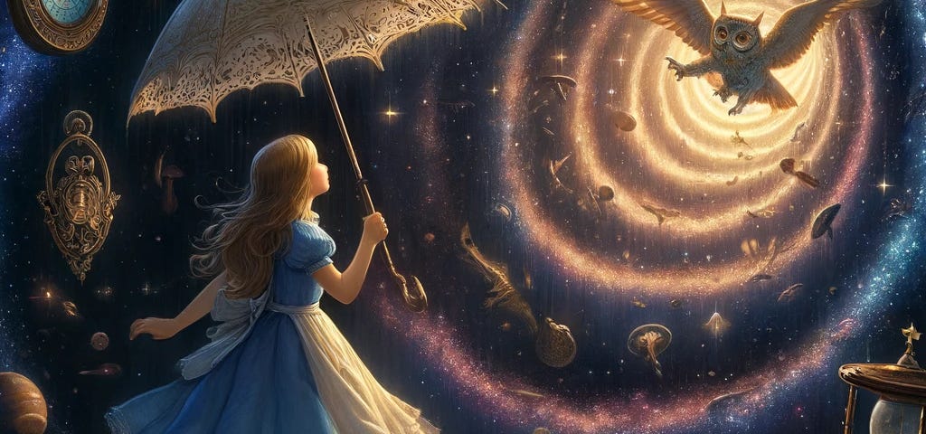 Alice holds her grandmother’s owl-handled umbrella, gazing at a starlit sky with a swirling vortex of light, leading her into a cosmic whirlpool of stars and planets.
