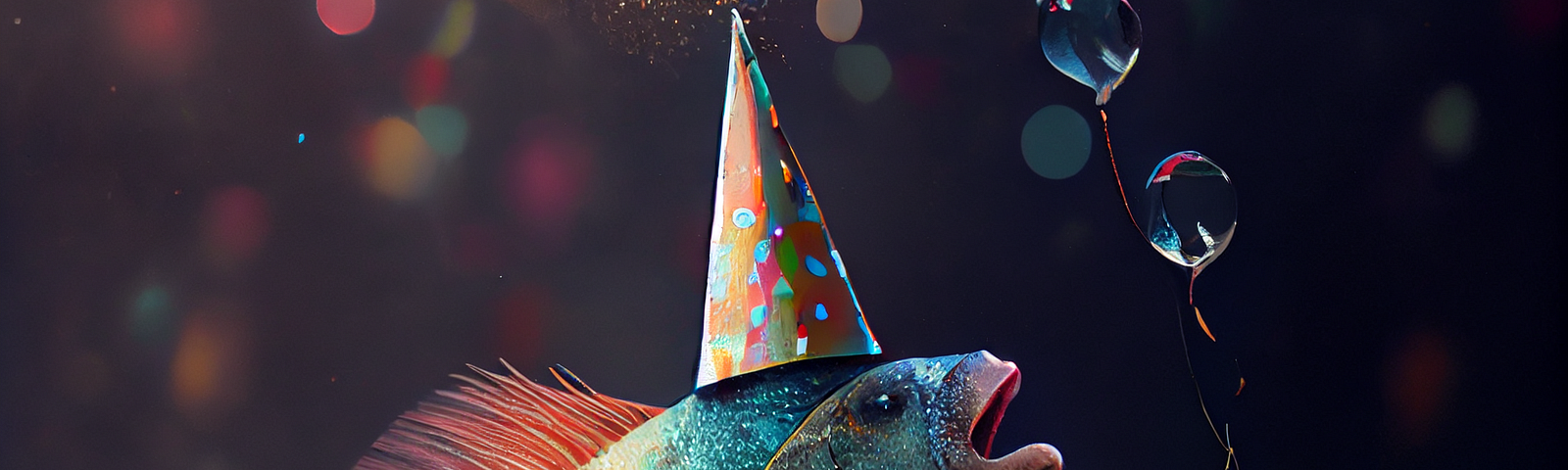 A fish standing up to celebrate new years with a party hat on.