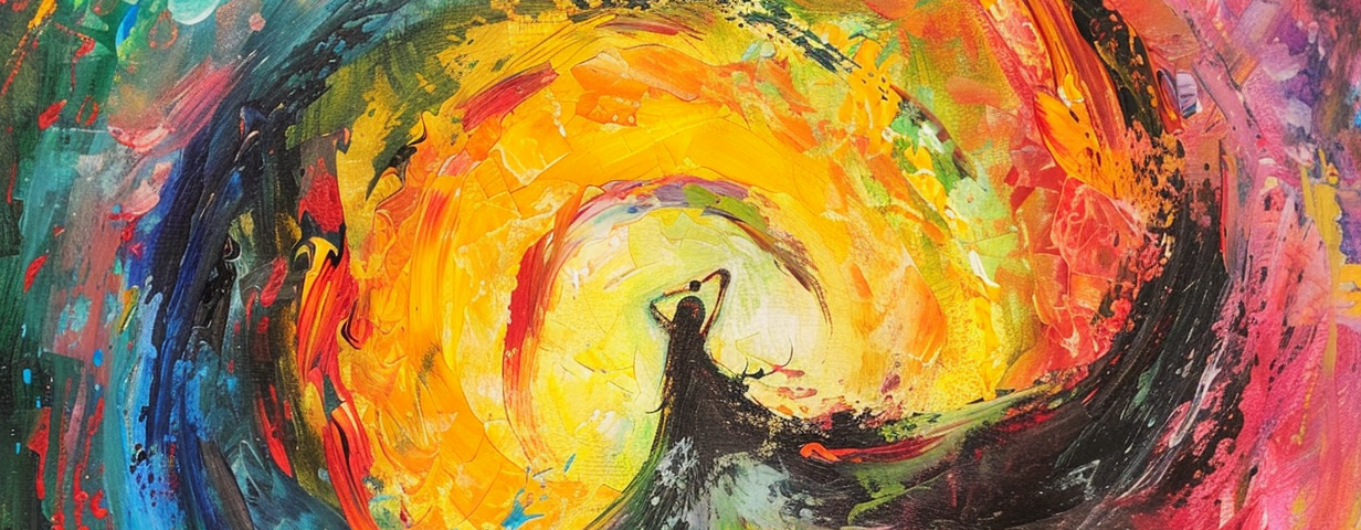 Abstract painting with rainbow colors emanating from a dancing central figure