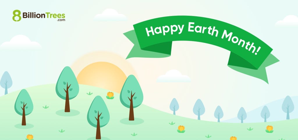 A green hill with trees and a sun rising behind it. A banner reads “Happy Earth Month!”