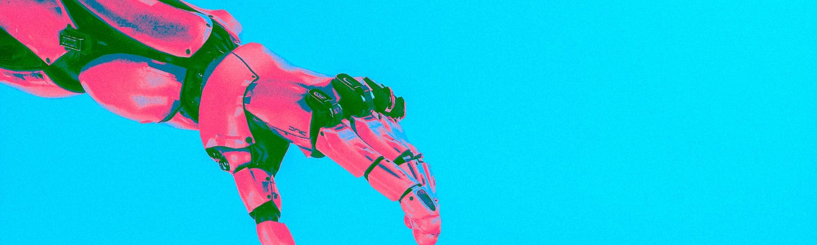 Pink Human hand reaching up to a pink and green Robot hand