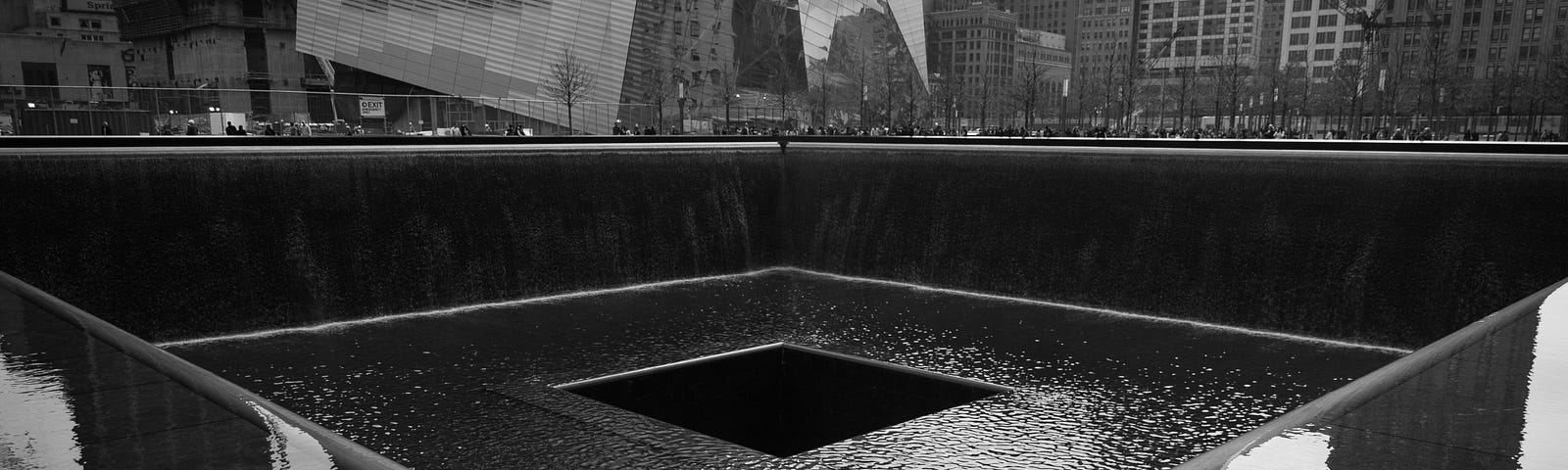 black and white photo of 9–11 memorial pool