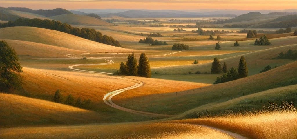 A shepherd’s pathway — a dirt track winding down a grassy slope and through a wide valley bordered by rolling hills. The image evokes the freedom and beauty of the journey of Jesus spirituality.