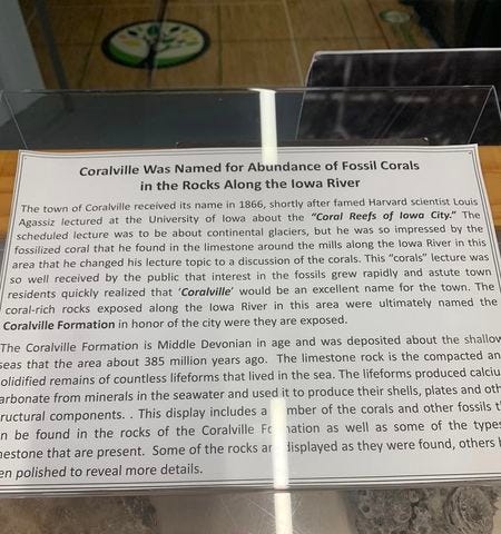 “Coralville was named for abundace of fossil corals in the rocks along the Iowa River”