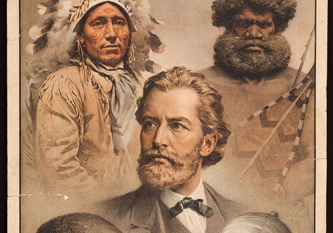 The “Five Races of Man” (American/Amerind, Australian/Australoid, European/Caucasoid, African/Negroid, Asian/Mongoloid), chromolithographic poster — G. Ellka, Public domain, via Wikimedia Commons.