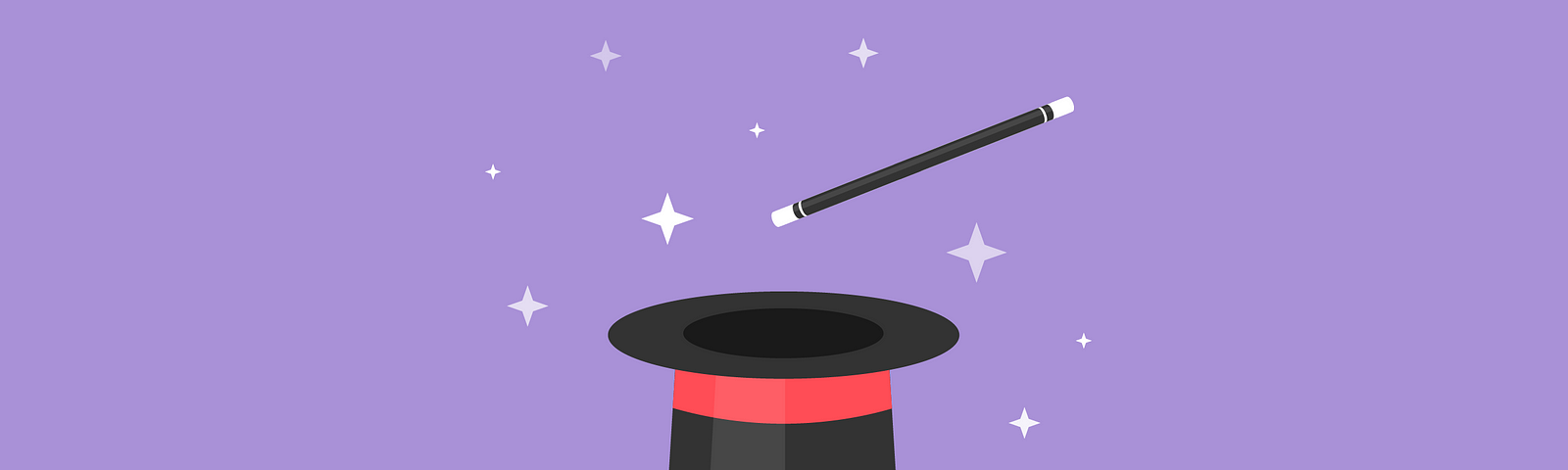 Illustration of an upside-down top hat with a magic wand above it, and sparkles.