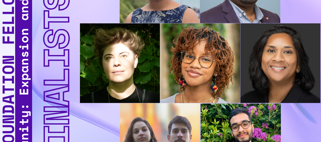 Photos of selected 2024 Processing Foundation Finalists. The graphic reads, “Processing Foundation Fellowship Sustaining Community: Expansion and Access 2024 Finalists” in purple and white on the right edge of the graphic with the Processing Foundation logo. On a 4x3 grid to the right are photos of our finalists, from top to bottom, left to right: Beccy, Ghislain, Iz, Payton, Mala, Francisco & Micaelle, Blair, Phoenix, Kai Lin, Kyle & Warren, and Chris. The background is a gradient lavender.