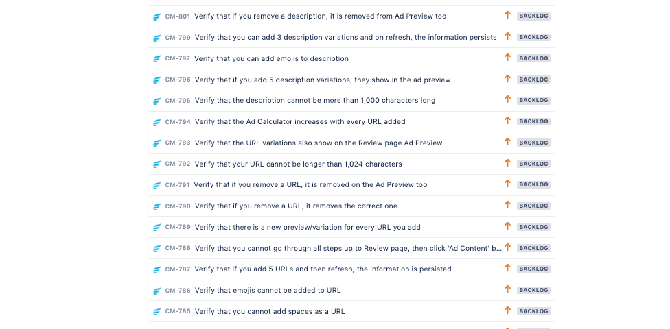 Example of my test cases being linked to the task on Jira