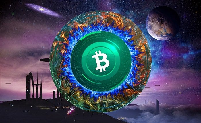 In the background: A futuristic design of a city on an alien planet in purple font, with more planets and a galaxy visible in the night sky. In the middle, I added a custom-made logo of Bitcoin Cash: a green circle logo with flames around it.