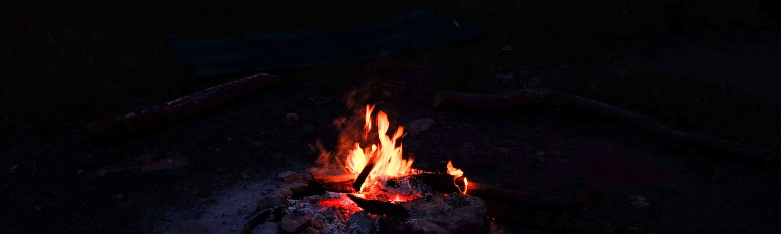 campfire in a dark wooded setting, close up