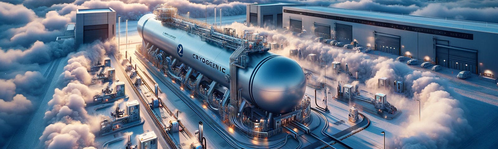 ChatGPT & DALL-E generated panoramic image of a cryogenic hydrogen tanker surrounded by icy vapor at a refueling station