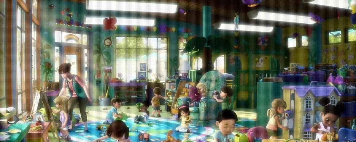 Animation frame of daycare center with kids playing peacefully
