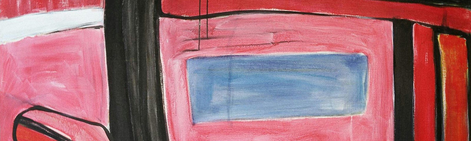 an abstract painting of reds, pinks, some black and blue. Resembling walls, a window and perhaps a boat.