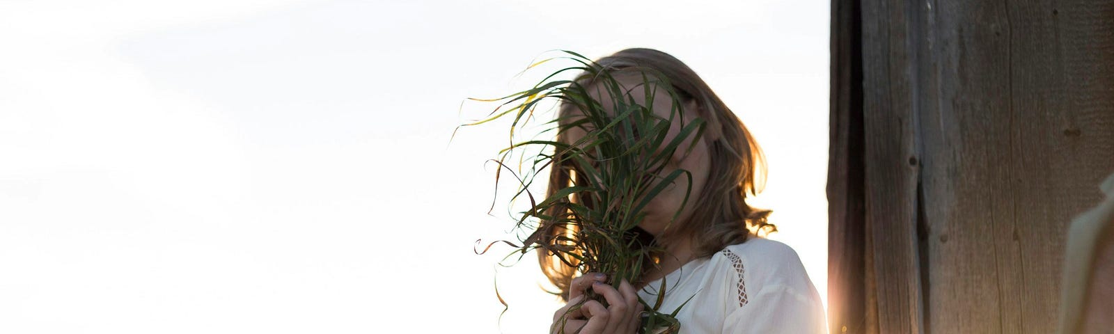 Person enjoying a peaceful moment in nature, holding tall grass with sunlight in the background.