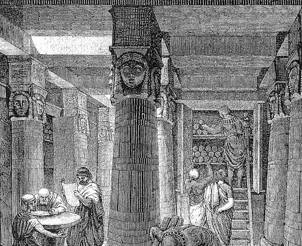 Scholars reading and cataloging books within the Library of Alexandria