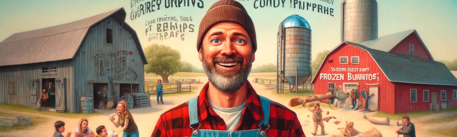 A whimsical illustration of a rustic farm in Bloomington, Indiana. Josh McClary, a rugged man, holds a tray of frozen burritos. The farm blends old barns and modern equipment, with kids engaged in activities like comedy improv and gardening, emphasizing community and sustainable living.