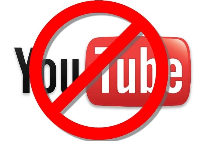The YouTube logo with a big red circle with line in the middle over the logo; No YouTube Allowed.