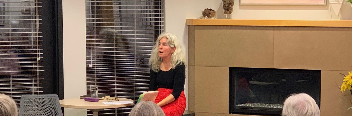 author sharing her memoir with a group in a hospice-volunteer program