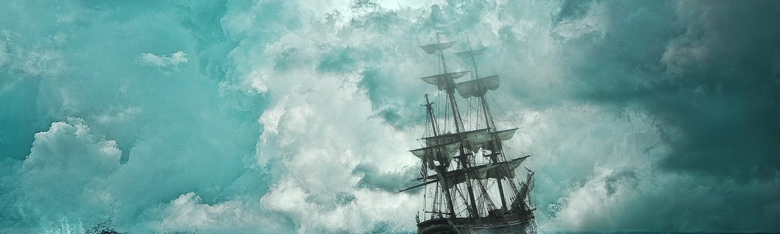 A sailing ship caught amid a storm. On the waves, a barrel and an anchor are floating.