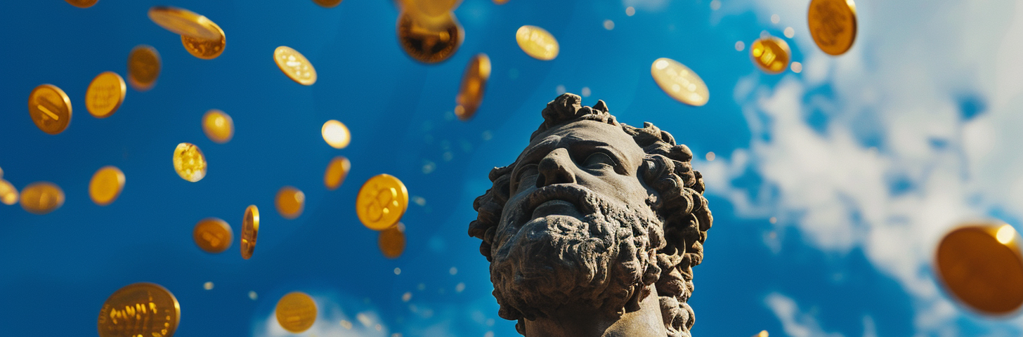 AI image created on MidJourney V6 by Henrique Centieiro and Bee Lee. Stoicism and be a stoic in investing, ancient greek statue with gold coin falling from the blue sky.