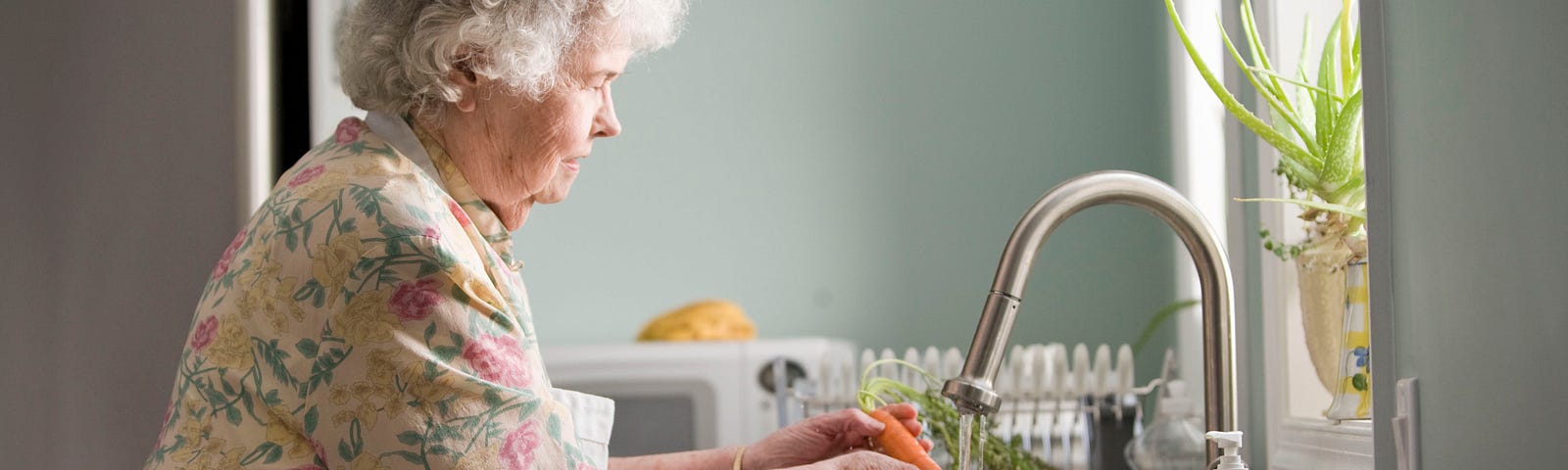 Image of a matronly grandmother in a white apron washing vegetables at her clean sink.