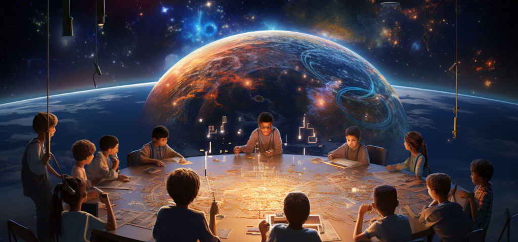 A space-themed classroom with children navigating star systems using an AI-powered galactic map.