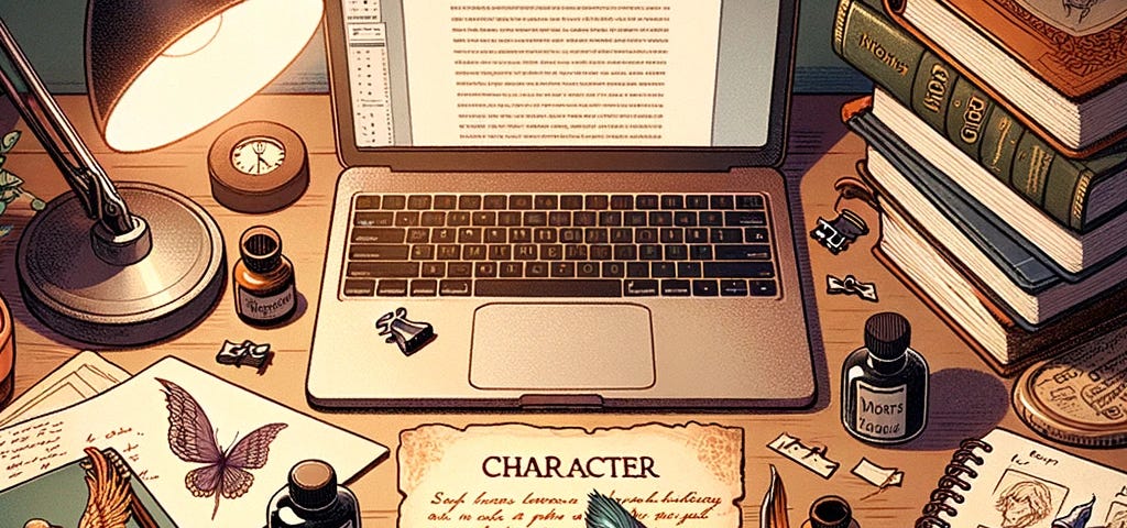 Writer’s desk with notebooks, character sketches, laptop, feather quill, ink pot, and MBTI textbook, under soft ambient lighting, focusing on a prominently scribbled fictional character’s name. Artwork generated by Mark R. Havens.