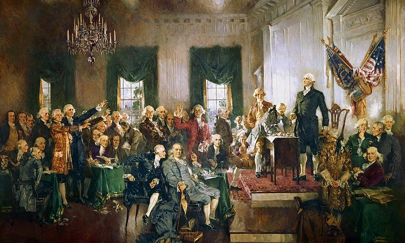 Signing of the United States Constitution with George Washington, Benjamin Franklin, and Alexander Hamilton (left to right in the foreground), painting Howard Chandler Christy.
