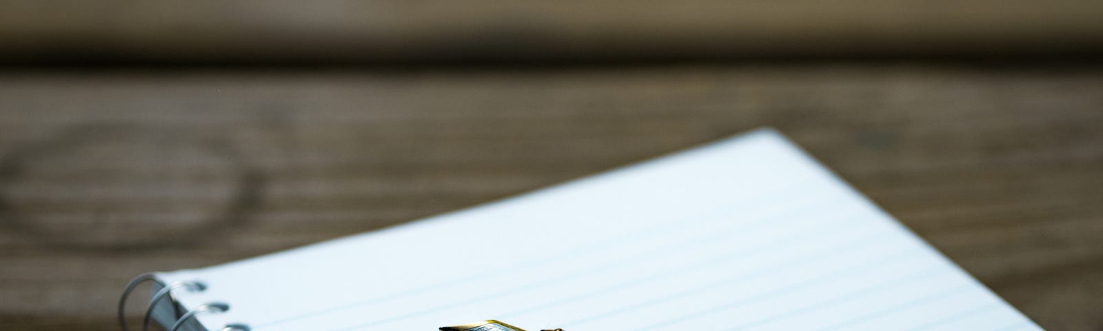 An ink pen laying on top of a notebook on a wooden table.