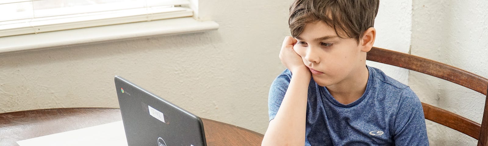 A small child looks at his laptop with the infinite boredom of a much older man.