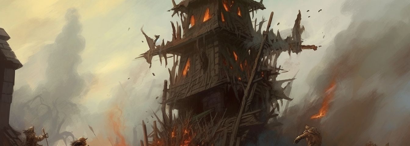 A smouldering/collapsing tower on a battlefield