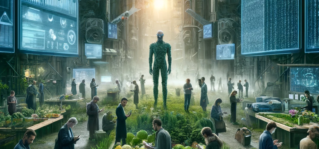 A dystopian scene depicting humans surrounded by advanced technology, appearing disconnected and unhealthy. The background shows towering screens and mechanized processes, while people are isolated, staring at their phones, and consuming processed foods. In the corner, a small vibrant garden with individuals growing and harvesting fresh vegetables symbolizes hope and reconnection to nature.