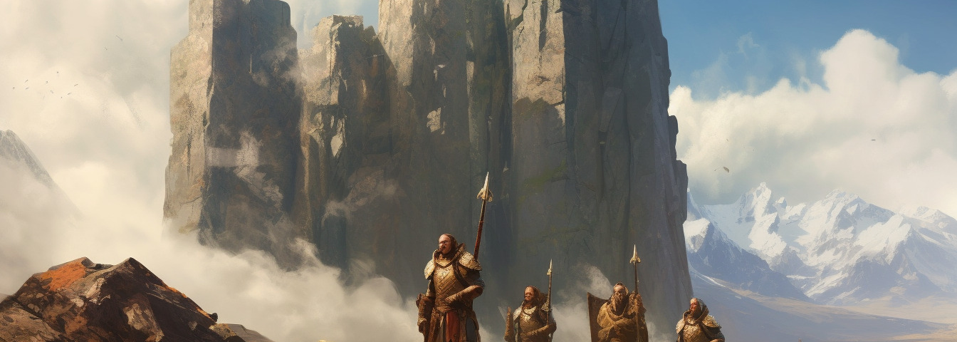 a group of medieval soldiers standing between two huge boulders, mountains in the distance