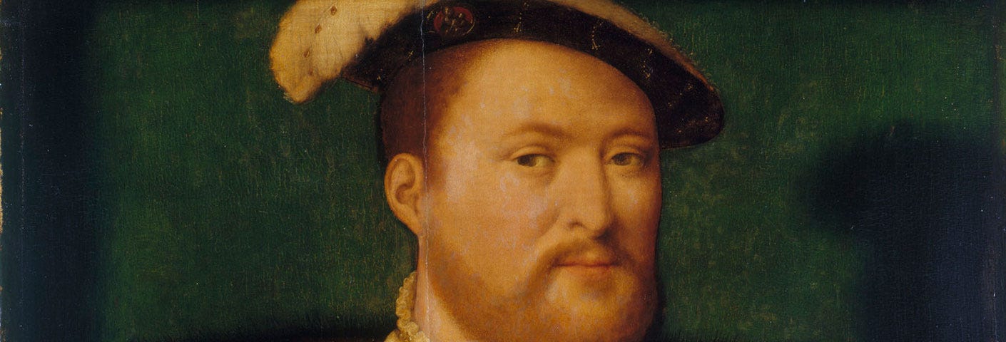 A painting of Henry VIII, a white man with strawberry blonde beard in a feathered hat and a white shirt with embroidered color.