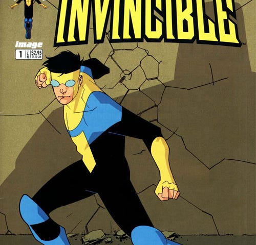 The cover of Invincible #1, showing the titular hero preparing for battle.