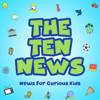 Graphic with baby blue background and kid icons surrounding The Ten News.