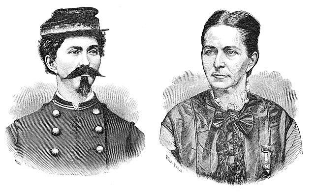 Velázquez as herself (right) and disguised as “Lieutenant Harry T. Buford” (left)