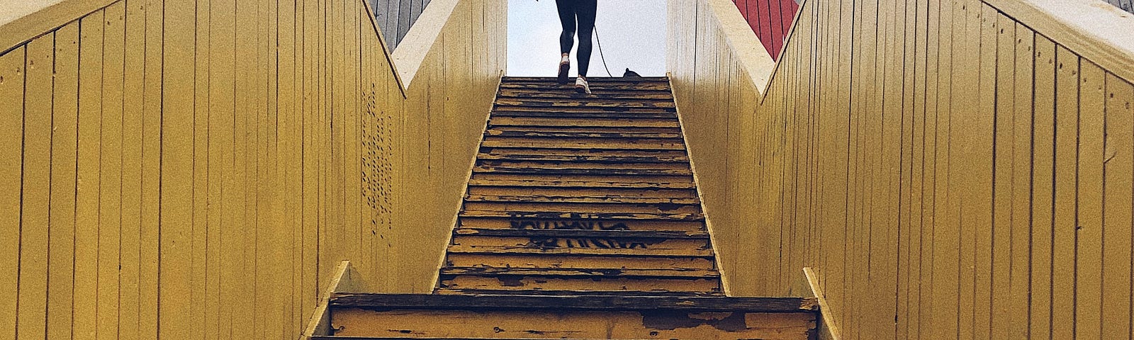 A large flight of old wooden stairs and a woman who has just finished climbing them