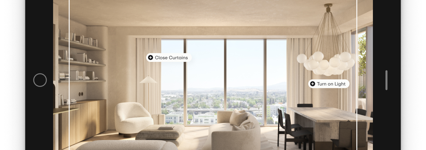 An ipad screen shows a rendering of a Nabr apartment with options to “close curtains” and “turn on lights.”