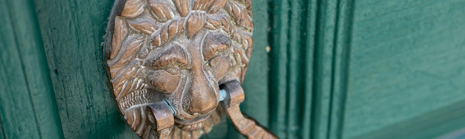 A cast bronze door knocker with the face of a male lion attached to a weathered, green, paneled entry door.