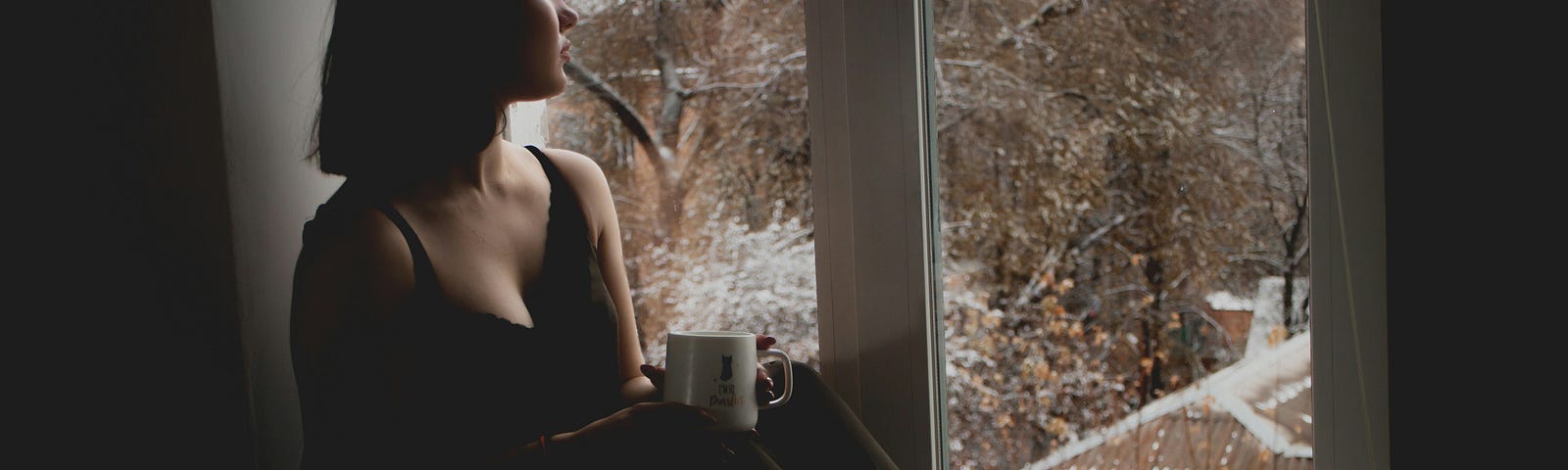 A woman holding a mug, sitting on a window seat, looking out into a snow covered landscape. She is silhouetted in darkness.