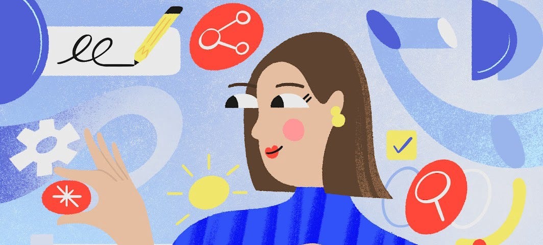 An illustration of a woman with lots of ideas and work floating around in space around her