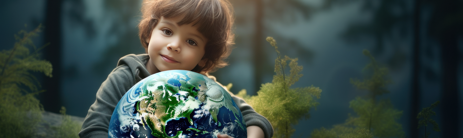 A picture of a young boy hugging the Earth and holding it in his arms- for Earth Day