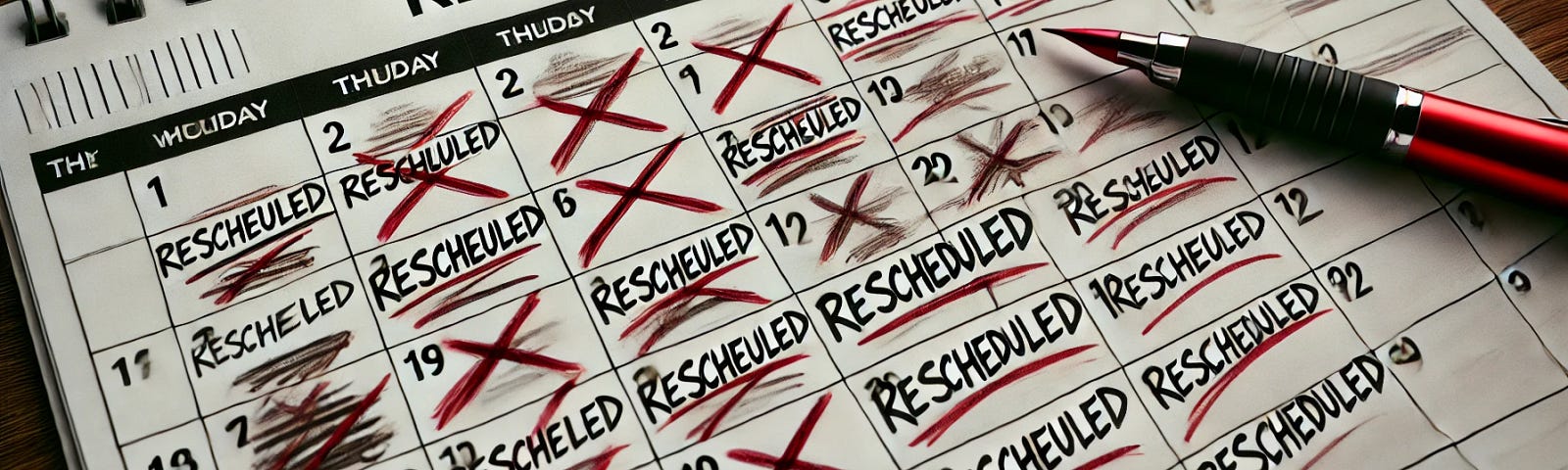 Calendar with Rescheduled Dates: A close-up of a calendar with multiple crossed-out dates and the word “Rescheduled” marked several times.