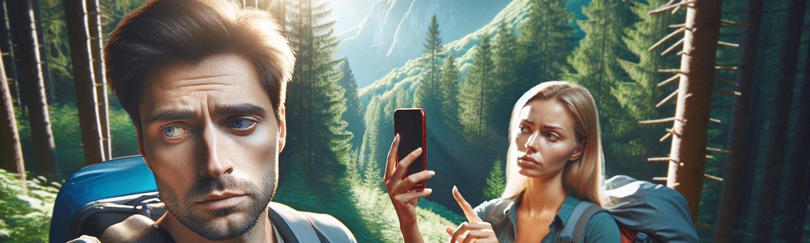 Here is the image depicting a couple hiking in a lush green forest, capturing a moment where one partner is trying to take a selfie with the other who seems reluctant and distracted. The scenic view of the forest with sunlight filtering through the trees illustrates the tension of a shared activity where one partner is engaged and the other is disconnected